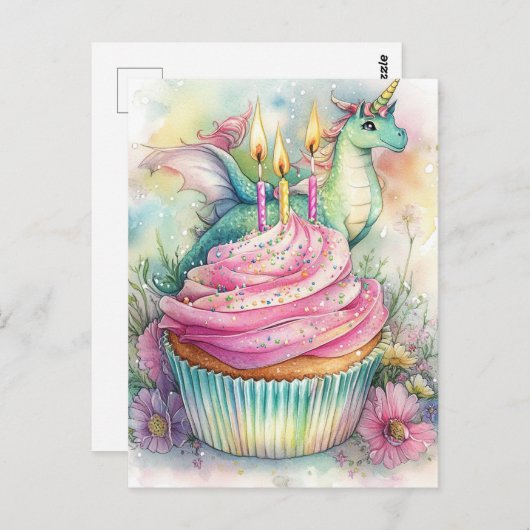 Unicorn Dragon With Cupcake and Flowers Briefkaart (Voorkant / Achterkant)
