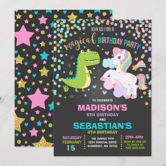 Unicorn en Dinosaur Birthday Invitation Siblings Kaart (Voorkant / Achterkant)