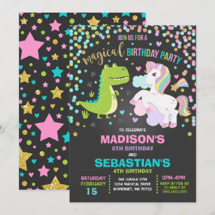 Unicorn en Dinosaur Birthday Invitation Siblings Kaart