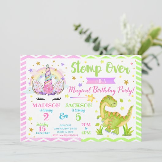 Unicorn en Dinosaur Joint Birthday Invitation Kaart (Staand voorkant)