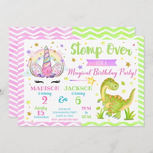 Unicorn en Dinosaur Joint Birthday Invitation Kaart (Voorkant / Achterkant)