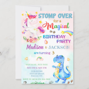 Unicorn en Dinosaur verjaardagsuitnodiging voor tw Kaart