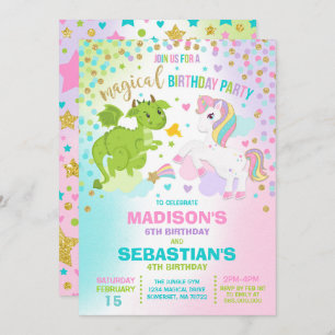 Unicorn en Dragon Birthday Invitation Siblings Kaart
