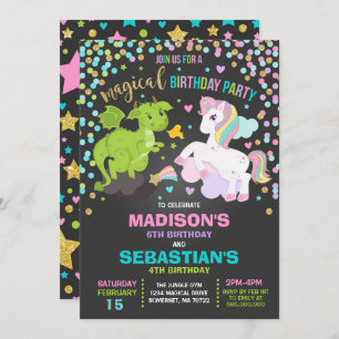 Unicorn en Dragon Birthday Invitation Siblings Kaart