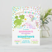 Unicorn en Dragon Birthday Invitation Siblings Kaart (Staand voorkant)