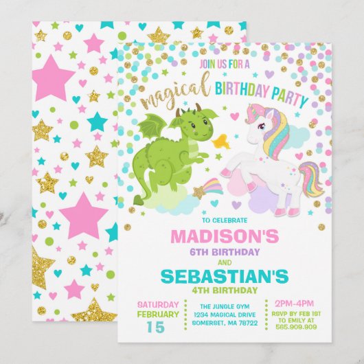 Unicorn en Dragon Birthday Invitation Siblings Kaart (Voorkant / Achterkant)