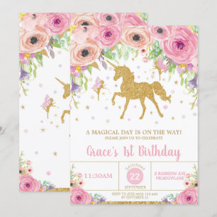 Unicorn en Fairy Birthday Invitation Pink Floral Kaart