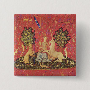 Unicorn en Maiden Medieval Tapestry Afbeelding Vierkante Button 5,1 Cm