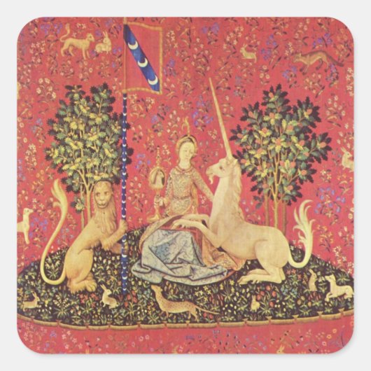 Unicorn en Maiden Medieval Tapestry Afbeelding Vierkante Sticker (Voorkant)