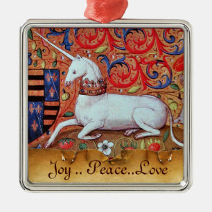 UNICORN EN MEDIEVAL FANTASY FLOWERS, FLORAL MOTIFS METALEN ORNAMENT