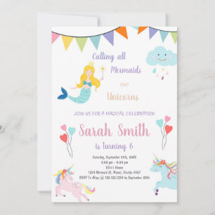 Unicorn en Mermaid Birthday Invitation Kaart