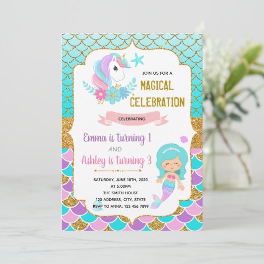 Unicorn en mermaid verjaardagsuitnodiging kaart (Staand voorkant)
