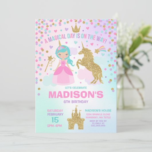 Unicorn en Princess Invitation Magical Birthday Kaart (Staand voorkant)