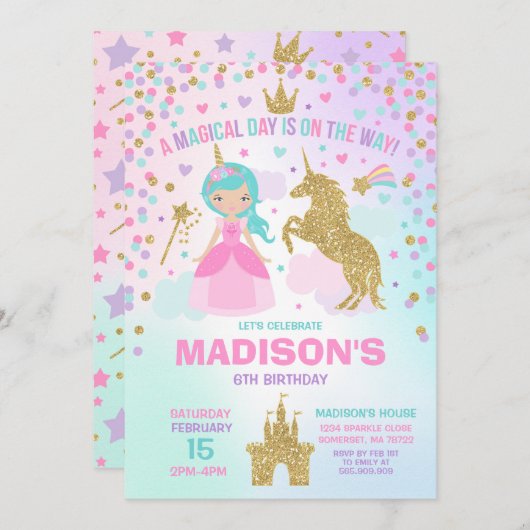 Unicorn en Princess Invitation Magical Birthday Kaart (Voorkant / Achterkant)