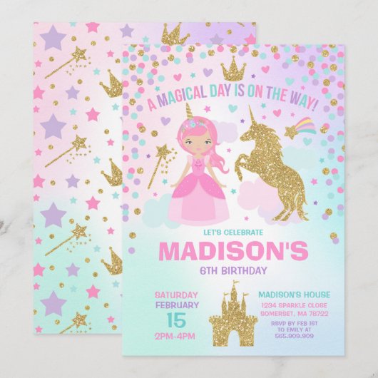 Unicorn en Princess Invitation Magical Birthday Kaart (Voorkant / Achterkant)