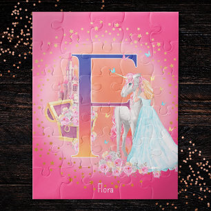Unicorn en prinses met Castle Letter F Monogram Legpuzzel