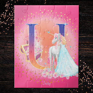 Unicorn en prinses met Castle Letter U Monogram Legpuzzel