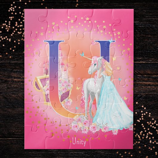 Unicorn en prinses met Castle Letter U Monogram Legpuzzel