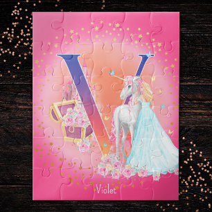 Unicorn en prinses met Castle Letter V Monogram Legpuzzel