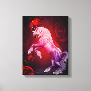 Unicorn en Red Roses Fantasy Horse Art Canvas Afdruk