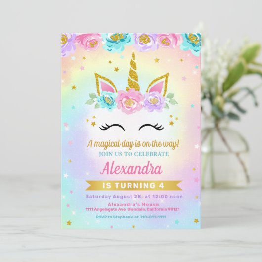 Unicorn en Rozen Kinderen Uitnodiging op zaterdag (Staand voorkant)