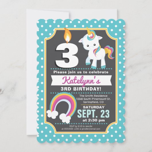Unicorn et arc-en-ciel Invitation d'anniversaire f (Devant)