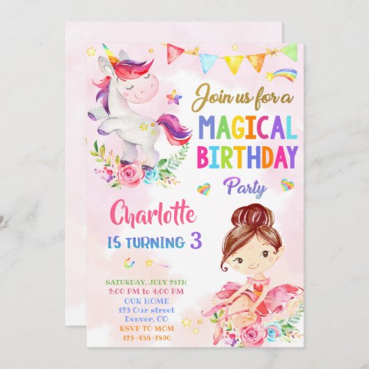 Unicorn et Ballerina invitation anniversaire fille (Devant / Derrière)