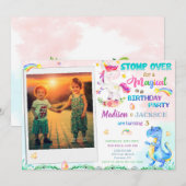 Unicorn et Dinosaur invitation anniversaire pour d (Devant / Derrière)