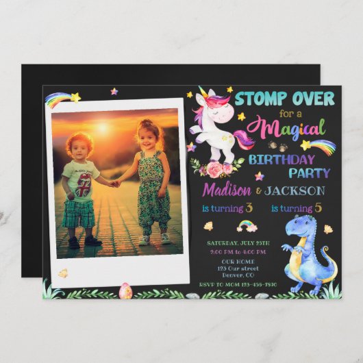 Unicorn et Dinosaur invitation d'anniversaire frèr (Devant / Derrière)