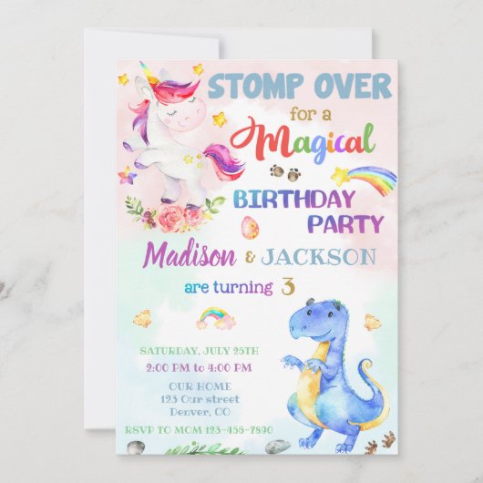 Unicorn et Dinosaur invitation pour les jumeaux (Devant)