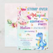 Unicorn et Dinosaur invitation pour les jumeaux (Devant / Derrière)