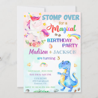 Unicorn et Dinosaur invitation pour les jumeaux