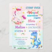 Unicorn et Dinosaur invitation pour trois ans (Devant / Derrière)