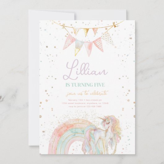 Unicorn et Rainbow Pastel Invitation d'anniversair (Devant)