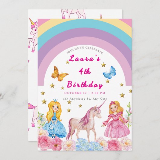 Unicorn et Rainbows Invitation de fête d'anniversa (Devant / Derrière)