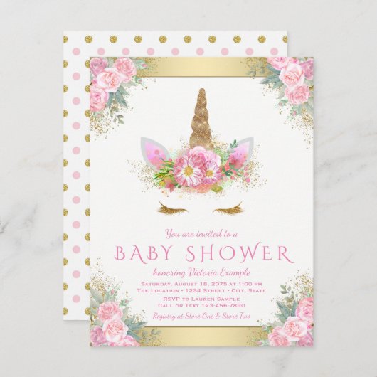 Unicorn Face bébé fille douche Invitations (Devant / Derrière)