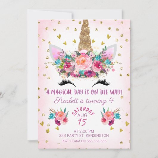 Unicorn Face Floral Birthday Uitnodiging (Voorkant)