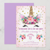 Unicorn Face Floral Birthday Uitnodiging (Voorkant / Achterkant)