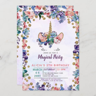 Unicorn Face Glitter Floral Birthday Invitation Kaart