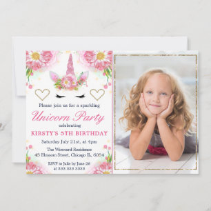 Unicorn Face & Waterverf Flowers Foto van Birthday Kaart