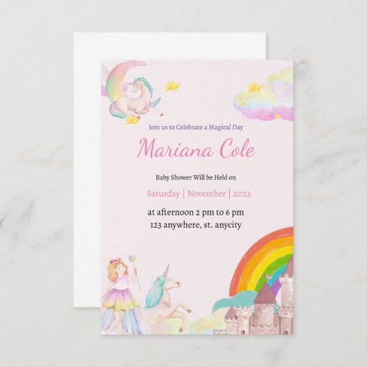 Unicorn Fairy Baby Girl Baby shower Invitation (Devant / Derrière)