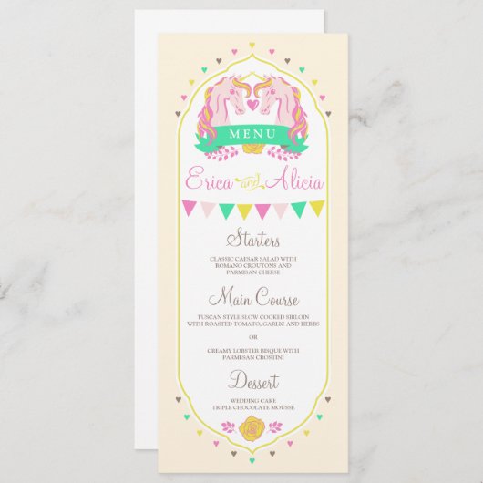 Unicorn Fairytale Mariage Dinner Menu (Devant / Derrière)