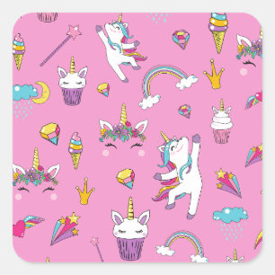 Unicorn Fan Club patroon Roze Vierkante Sticker