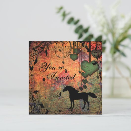 Unicorn, fées et forêt de coeur Invitation d'anniv (Debout devant)