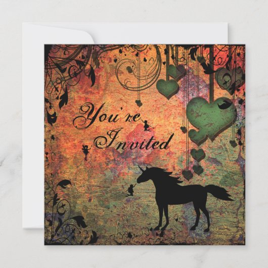 Unicorn, fées et forêt de coeur Invitation d'anniv (Devant)