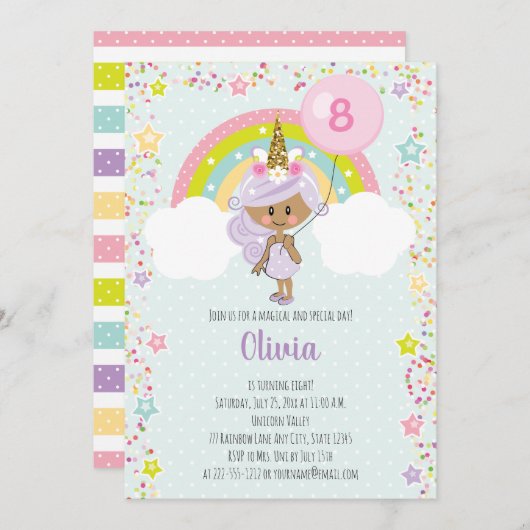 Unicorn fille Invitation d'anniversaire n'importe  (Devant / Derrière)