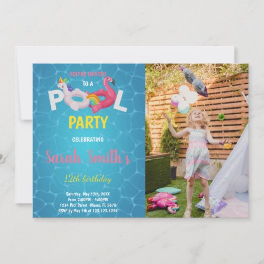 Unicorn Flamant rose Pool Anniversaire Invitations (Devant)