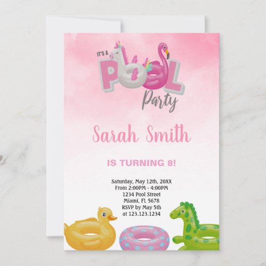 Unicorn Flamant rose Pool Invitations Anniversaire (Devant)