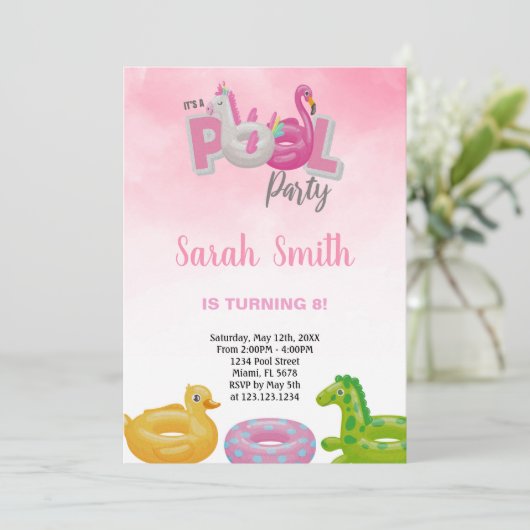 Unicorn Flamant rose Pool Invitations Anniversaire (Debout devant)