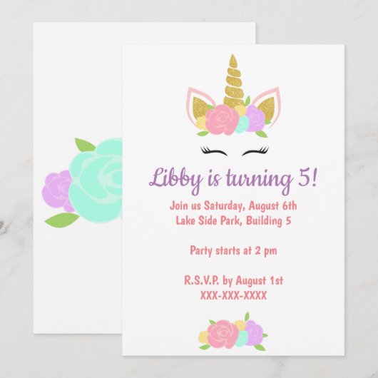 Unicorn Floral Birthday Party Invitation  (Devant / Derrière)